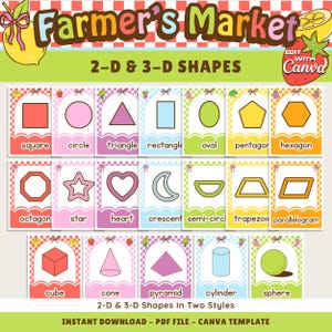 Pode incluir: Imprimível educativo com formas 2D e 3D, incluindo quadrados, círculos e cubos. Os cartões estão em dois estilos, com o texto "Farmer's Market" no topo. As formas são de várias cores, com o texto "2-D & 3-D Shapes" abaixo.