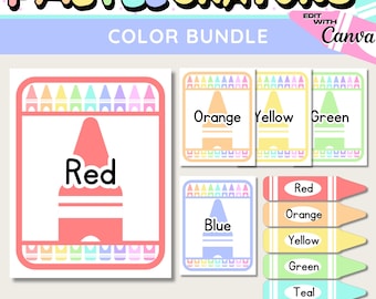 May include: A pastel color bundle featuring crayon-themed color posters. The posters display the colors red, orange, yellow, green, blue, and teal. Each poster has a crayon illustration and the color name. The text "PASTEL CRAYONS" is at the top.