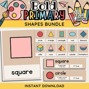May include: A digital educational shapes bundle titled Bold Primary Shapes Bundle featuring a large pink square card, a grid of ten smaller shape cards including circle, triangle, and cube, and two descriptive cards for square and circle shapes.