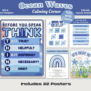 Ocean Theme Calming Corner Posters, druckbare & bearbeitbare Atemtechniken, Mindset-Poster zum Wachstum im Klassenzimmer, Canva-Vorlage