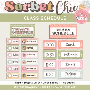 May include: A digital class schedule template with a pastel color scheme. The design includes time slots, subject cards, and labels for activities like reading, math, and snack time. The text "Sorbet Chic" and "Class Schedule" are prominently displayed.