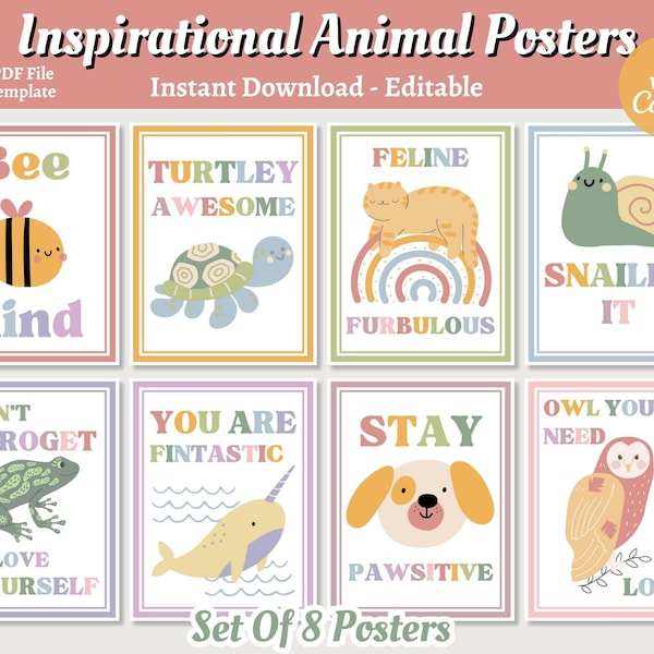 Inspirational Animal Posters Set Of 8, Editable Canva Template,  Boho Classroom Posters, Boho Elementary Preschool  Pre-K Decor