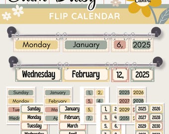 Boho Classroom Flip Calendar: Calm Daisy Decor (Canva Editable, Digital Download)
