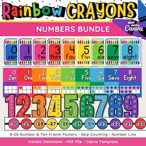 Pósters de números con crayones arcoíris, números imprimibles editables para el aula, conteo salteado, línea numérica, plantillas de Canva, tema arcoíris