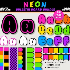 Neon prikbordbundel, bewerkbare en afdrukbare neonprikbordletters, neon klasdecor, canvassjabloon, instant download