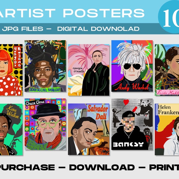 10 Artist Classroom Posters, Georgia O-Keeffe, Andy Warhol, Salvador Dali, Kara Walker, Banksy, Jean-Michel Basquiat, Chuck Close Printable