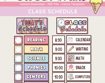 Tablón de anuncios con horario de clases, imprimible y editable, decoración de pared para el aula en colores pastel