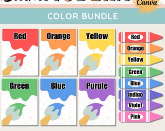 May include: A set of 12 color posters and 12 crayon posters featuring a paintbrush and a crayon with the color name written in white text. The colors are red, orange, yellow, green, blue, purple, indigo, violet, and pink. The posters are designed in a modern style with a white background and a speckled texture. The text "Calm MODERN COLOR BUNDLE" is at the top of the image. The text "12 Color Posters - 12 Crayon Posters - Colors Poster Instant Download - PDF File - Canva Template" is at the bottom of the image.