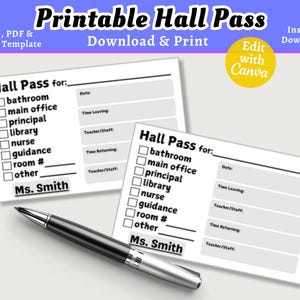 Printable Teacher Hall Pass, Custom Editable Teacher Hall Pass, Middle School Staff Hall Pass, High School Hall Pass