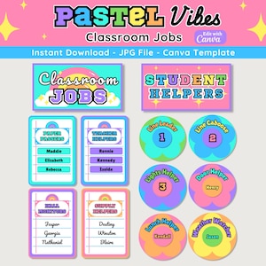 Editable Pastel Classroom Jobs Display, Printable Student Helpers Bulletin Board, Bright Pastel Classroom Decor, Instant Download
