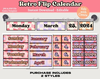 Retro Flip Calendar Printable, Editable Classroom Flip Calendar, Classroom Decor, Instant Download, Teacher Canva Template