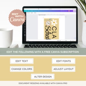 May include: A digital design template for a sign that says "CLA Sched" with a clock and a daisy on a yellow background. The design can be edited using Canva.