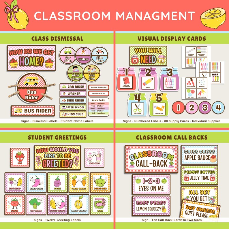 K&ouml;nnte beinhalten: Ein farbenfrohes Klassenmanagement-Set mit verschiedenen Schildern und Etiketten. Enth&auml;lt Entlassungsetiketten, Sch&uuml;lernamensschilder, visuelle Anzeigekarten, nummerierte Etiketten, Gru&szlig;etiketten und R&uuml;ckruf-Karten. Der Text enth&auml;lt "Class Dismissal", "Student Greetings" und "Classroom Call Backs".
