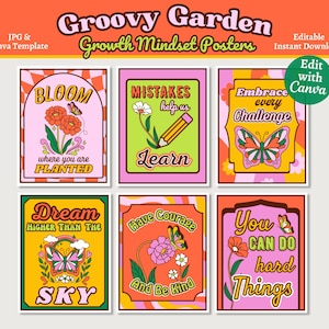 Groovy Growth Mindset Posters, Printable & Editable Inspirational Classroom Posters, Retro Floral Classroom Decor, Canva Template