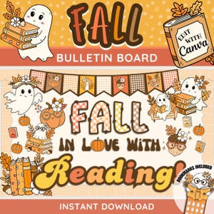 May include: A digital bulletin board kit featuring fall-themed illustrations of ghosts, pumpkins, acorns, and stacks of books. The text reads FALL BULLETIN BOARD and FALL IN LOVE WITH READING. The design includes a pennant banner and bookmarks.