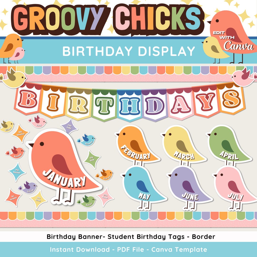 Retro Chick Birthday Bulletin Board Kit: Groovy Classroom Decor (canva ...