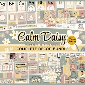 Calm Daisy Klassenzimmer Dekor druckbares Bündel, bearbeitbare Boho Neutral Klassenzimmer Dekorationen & Poster, Klassenzimmer Organisation, Canva Vorlage