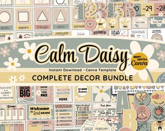May include: A digital printable classroom decor bundle with a calming daisy theme. The bundle includes a variety of classroom posters, signs, and labels in a soft color palette of beige, light pink, and yellow. The text "Calm Daisy" is featured prominently in the center of the image.
