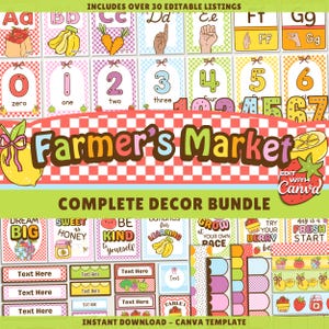 Może przedstawiać: Kolorowy pakiet edukacyjny z tekstem "Farmer's Market" i "Complete Decor Bundle". Zawiera karty z alfabetem, liczbami i językiem migowym, a także edytowalne etykiety i elementy dekoracyjne. Zawiera ilustracje owoców i warzyw.