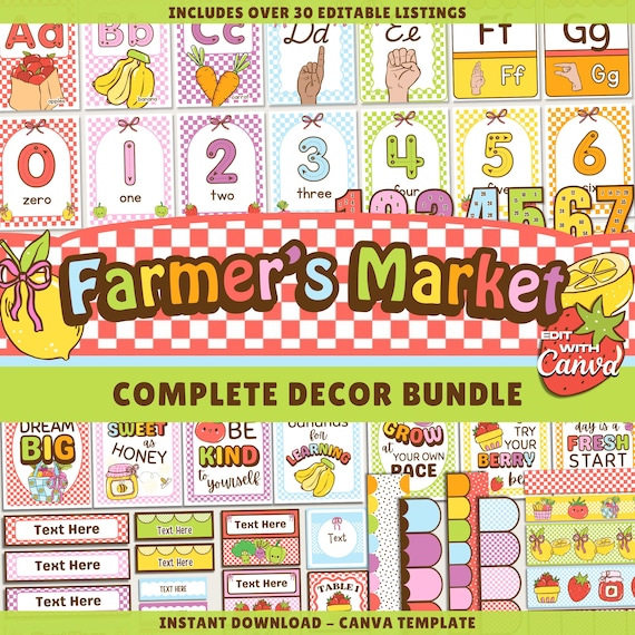 Editable Classroom Farmer's Market Printable Decor Bundle: School Display Kits, Canva Template (Digital Download)
