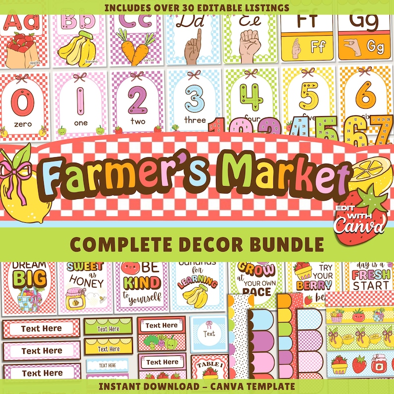 K&ouml;nnte beinhalten: Ein farbenfrohes Lernpaket mit dem Text "Farmer's Market" und "Complete Decor Bundle". Enth&auml;lt Alphabet-, Zahlen- und Geb&auml;rdensprachkarten sowie editierbare Etiketten und dekorative Elemente. Mit Obst- und Gem&uuml;seillustrationen.