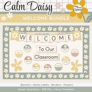 Boho Modern Classroom Welcome Bundle, Printable Teacher Door Display, Editable Calm Daisy Classroom Decor, Teacher Canva Template