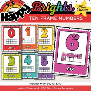 Rainbow Ten Frame Number Posters,  Printable & Editable Happy Bright 1-20 Number Posters, Bold Rainbow Classroom Decor, Canva Template