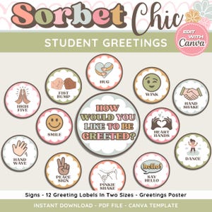 Może przedstawiać: Cyfrowy projekt z etykietami powitalnymi, zawierający ikony i frazy takie jak "High Five", "Smile" i "Handshake". Projekt zawiera tekst "Sorbet Chic" i "Student Greetings".