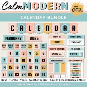 Classroom Calendar Display Bundle, Printable & Editable Calm Modern Calendar, Neutral Classroom Decor, Teacher Canva Template