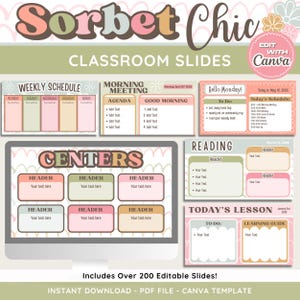 May include: Digital classroom slides with a sorbet color scheme. The slides include templates for a weekly schedule, morning meeting agenda, reading, and today's lesson. The text includes "Sorbet Chic" and "Classroom Slides". The slides are editable with Canva.