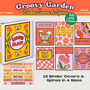 Groovy Binder Covers Spines, Printable & Editable Binder Covers, Retro Teacher Binder, Canva Template