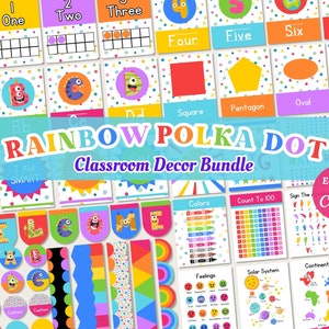 Rainbow Polka Dot Classroom Decor Bundle, Editable Classroom Bundle, Canva Templates, Monster Letters Classroom Learning Posters Labels