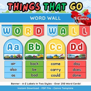 以下が含まれることがあります： 「Things That Go Word Wall」というタイトルのカラフルな教育ポスター。対応する車両と単語カードが付いた文字カードが特徴です。デザインには赤い飛行機のグラフィックと「Edit with Canva」というテキストが含まれています。