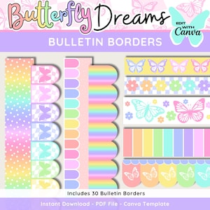 Peut inclure: Un ensemble de 30 bordures d'affichage imprimables avec un motif arc-en-ciel et des motifs de papillons. Les bordures comprennent des pois, des motifs à carreaux, des rayures, des bords festonnés et des couleurs unies. Le texte "Butterfly Dreams" et "Bulletin Borders" est inclus dans l'image.