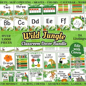Jungle Classroom Decor, Editable Complete Classroom Printable Bundle, Classroom Management & Organization, Instant Download, Canva Template