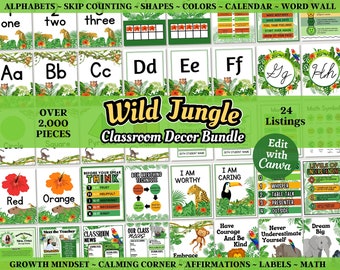 Jungle Animals Classroom Decor Bundle: Printable Editable Templates (Canva)