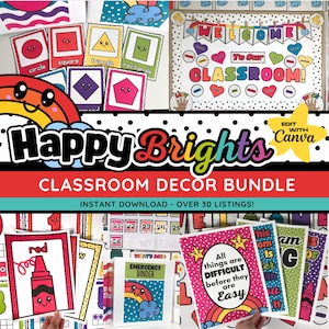 Happy Bright Rainbow Classroom Decor Bundle, Printable & Editable School Decorations, Classroom Organization and Management, Canva Template