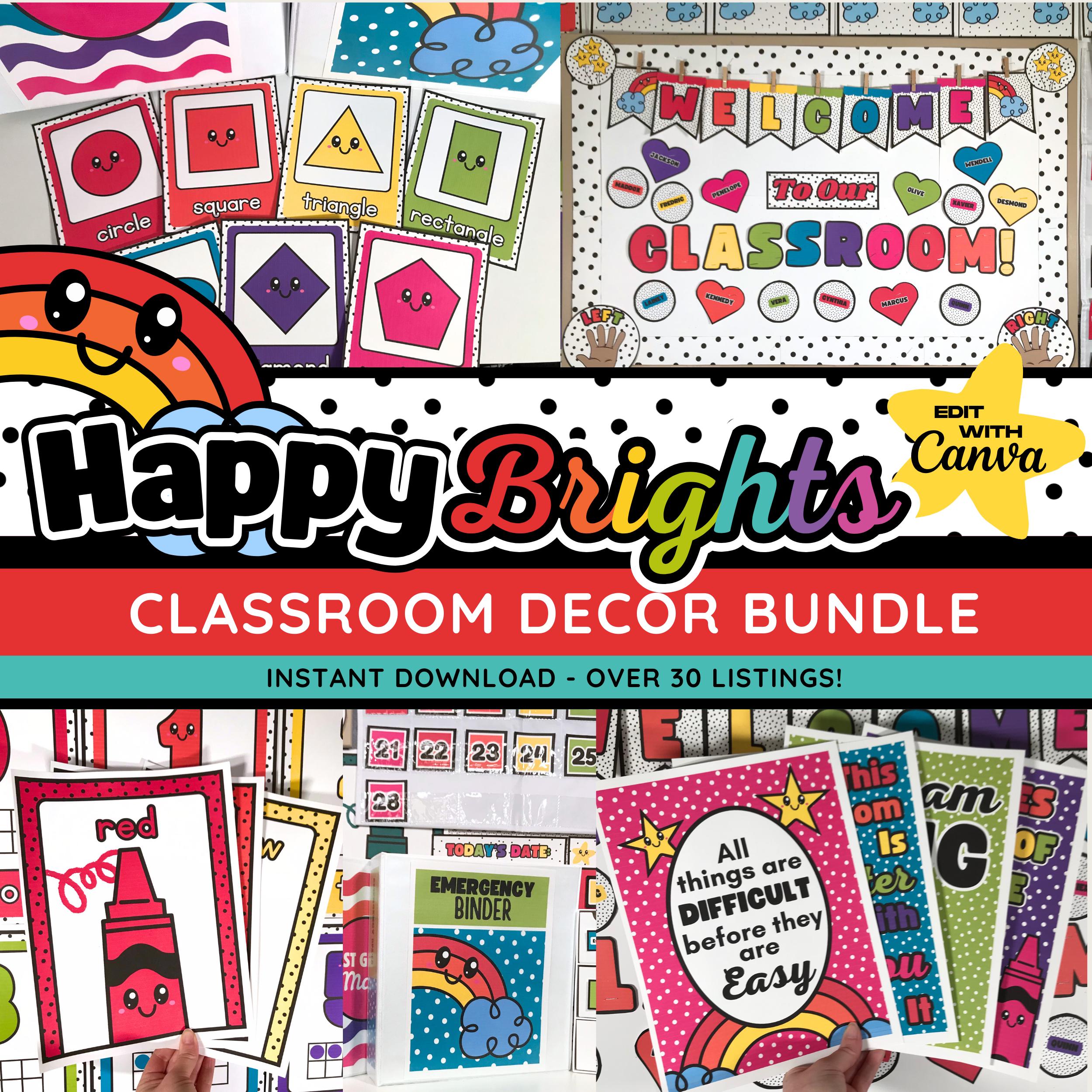 Happy Bright Rainbow Classroom Decor Bundle, Printable & Editable School Decorations, Classroom Organization and Management, Canva Template