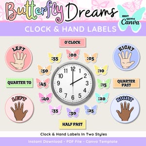 Pastel Butterfly Clock Labels: Classroom Decor (PDF, Canva)