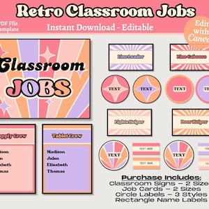 Retro Classroom Jobs Printable, Editable Classroom Jobs Display, Student Jobs Bulletin Board, Instant Download, Teacher Canva Template