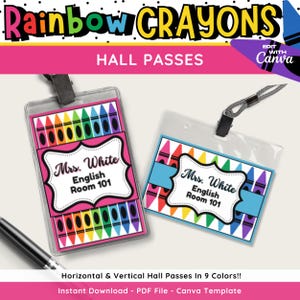Druckbare Regenbogen Crayon Hall-Pässe, bearbeitbare Klassenzimmer-Hallen-Pässe für Lanyard, Mittelschul-Hallen-Pass, High-School-Hallen-Pass