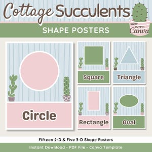 Pode incluir: Pôsteres de formas com tema de suculentas de casa de campo. Os pôsteres apresentam várias formas como círculos, quadrados, triângulos, retângulos e ovais, cada um em uma paleta de cores pastel. O texto "Cottage Succulents" e "Shape Posters" é visível.