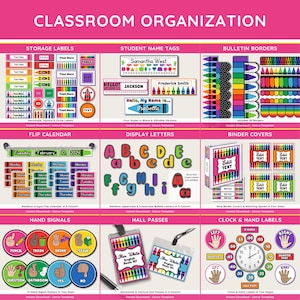 Puede incluir: Un conjunto de organizaci&oacute;n de aula con varias etiquetas, etiquetas de nombre, bordes y m&aacute;s. Incluye etiquetas de almacenamiento, etiquetas de nombre de estudiantes, bordes de boletines, un calendario, letras de visualizaci&oacute;n, cubiertas de carpetas.