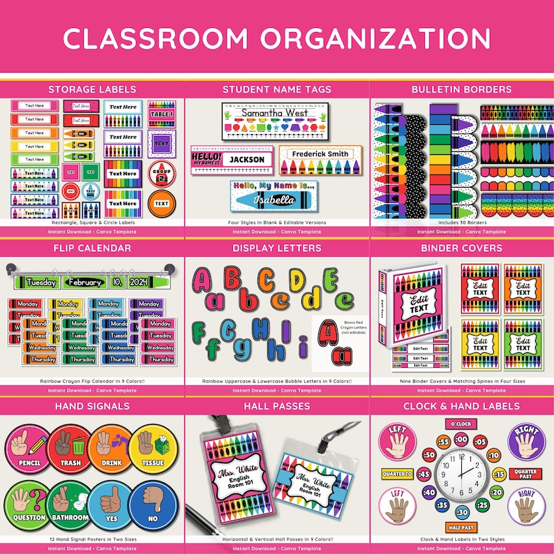 Puede incluir: Un conjunto de organizaci&oacute;n de aula con varias etiquetas, etiquetas de nombre, bordes y m&aacute;s. Incluye etiquetas de almacenamiento, etiquetas de nombre de estudiantes, bordes de boletines, un calendario, letras de visualizaci&oacute;n, cubiertas de carpetas.