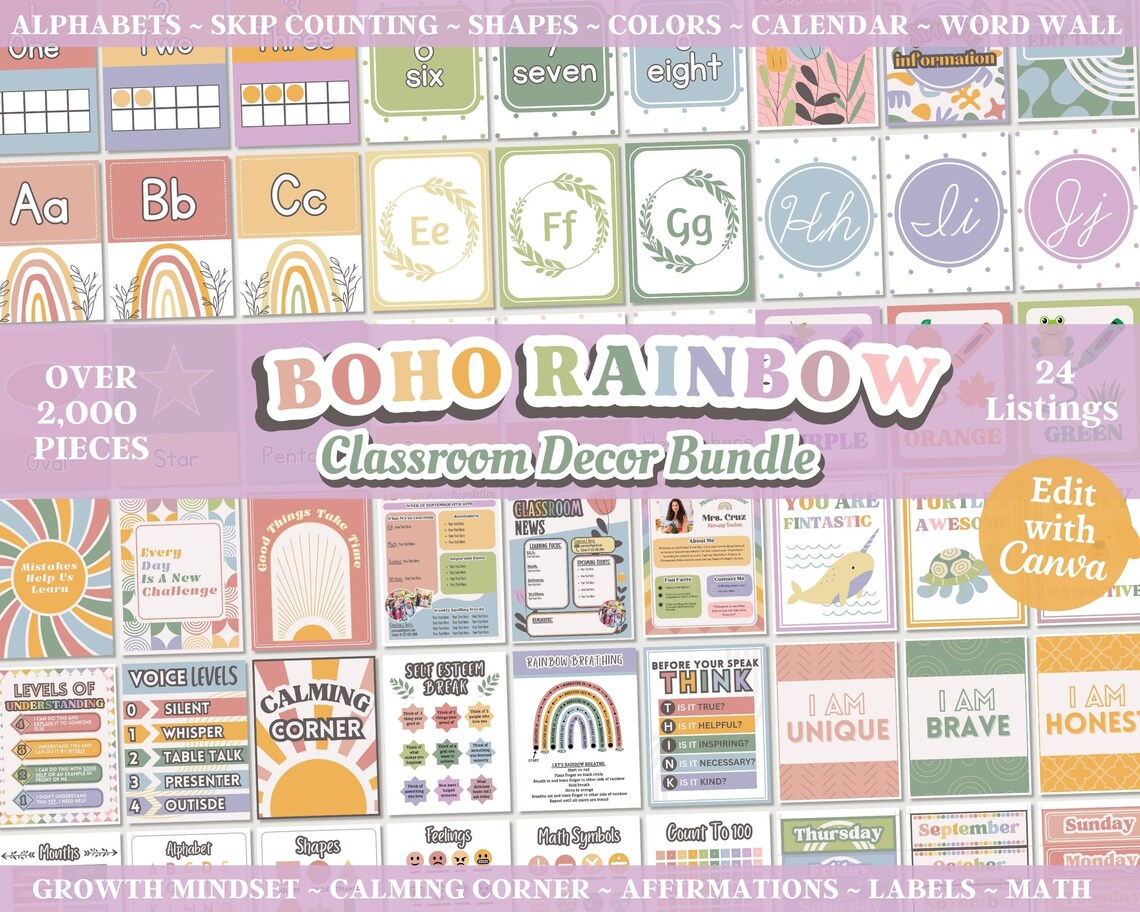Boho Rainbow Classroom Decor Bundle: Teacher Printables (canva Template ...