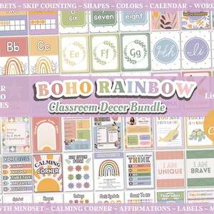 Boho Rainbow Editable Classroom Decor Bundle, Canva Template, Teacher Printable, Classroom Management & Organization, Educational Posters