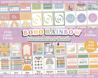 Boho Rainbow Classroom Decor Bundle: Teacher Printables (Canva Template)
