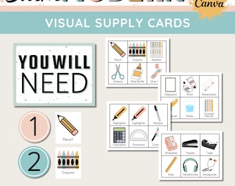 Calm Modern Classroom Supply Cards: Visual Direction Labels (Canva Template)