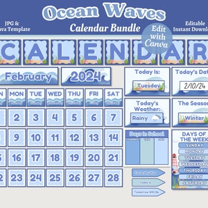 Ocean Theme Calendar Bundle, Printable & Editable Classroom Calendar, Instant Download, Canva Template