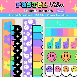 May include: A set of 10 colorful bulletin board borders with different patterns, including smiley faces, stars, flowers, and hand gestures. The borders are designed in a pastel color scheme and are perfect for adding a fun and playful touch to any classroom or bulletin board.